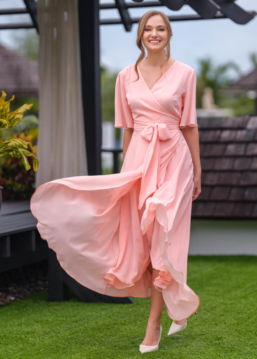 Blush pink chiffon wrap dress