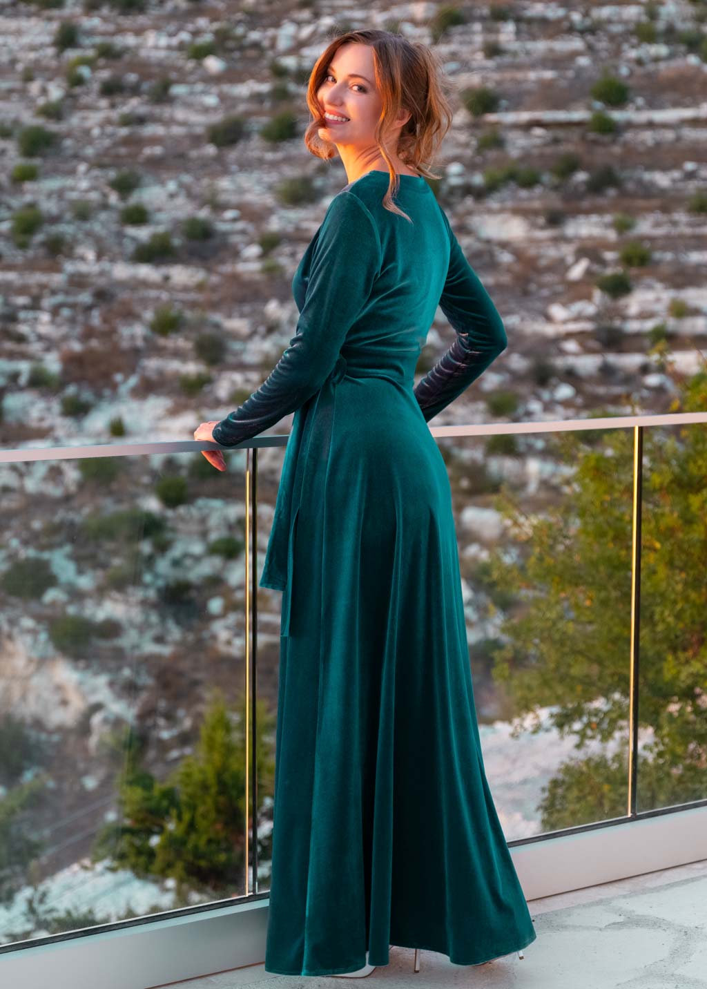 Teal green wrap long velvet dress