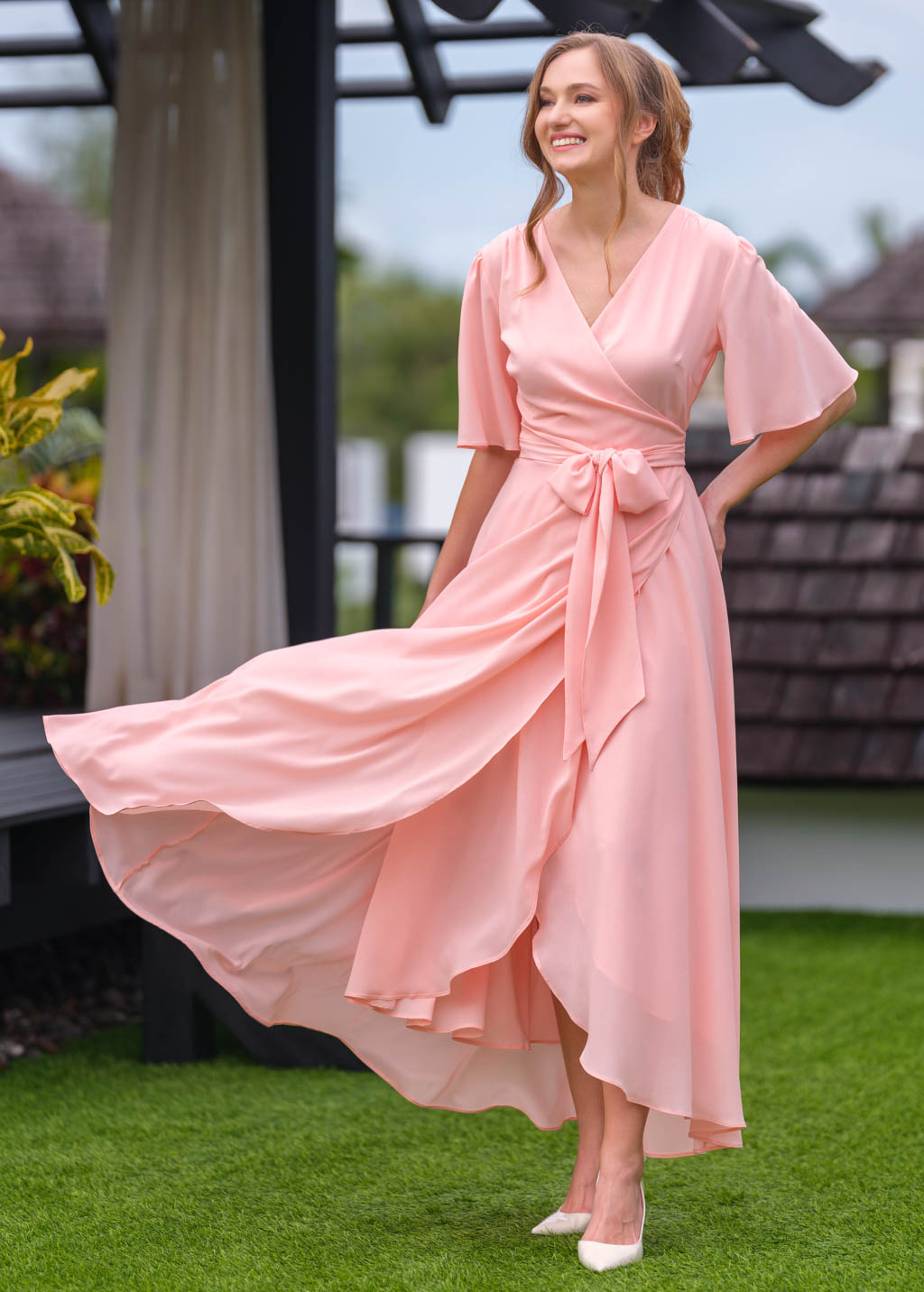 Blush pink chiffon wrap dress