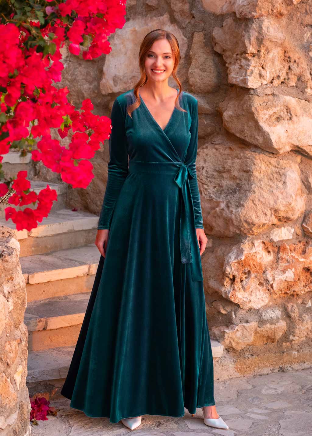 Teal green wrap long velvet dress