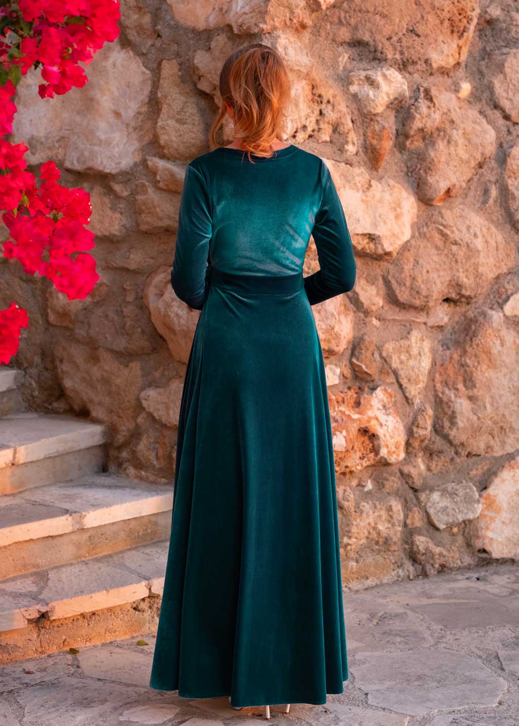 Teal green wrap long velvet dress