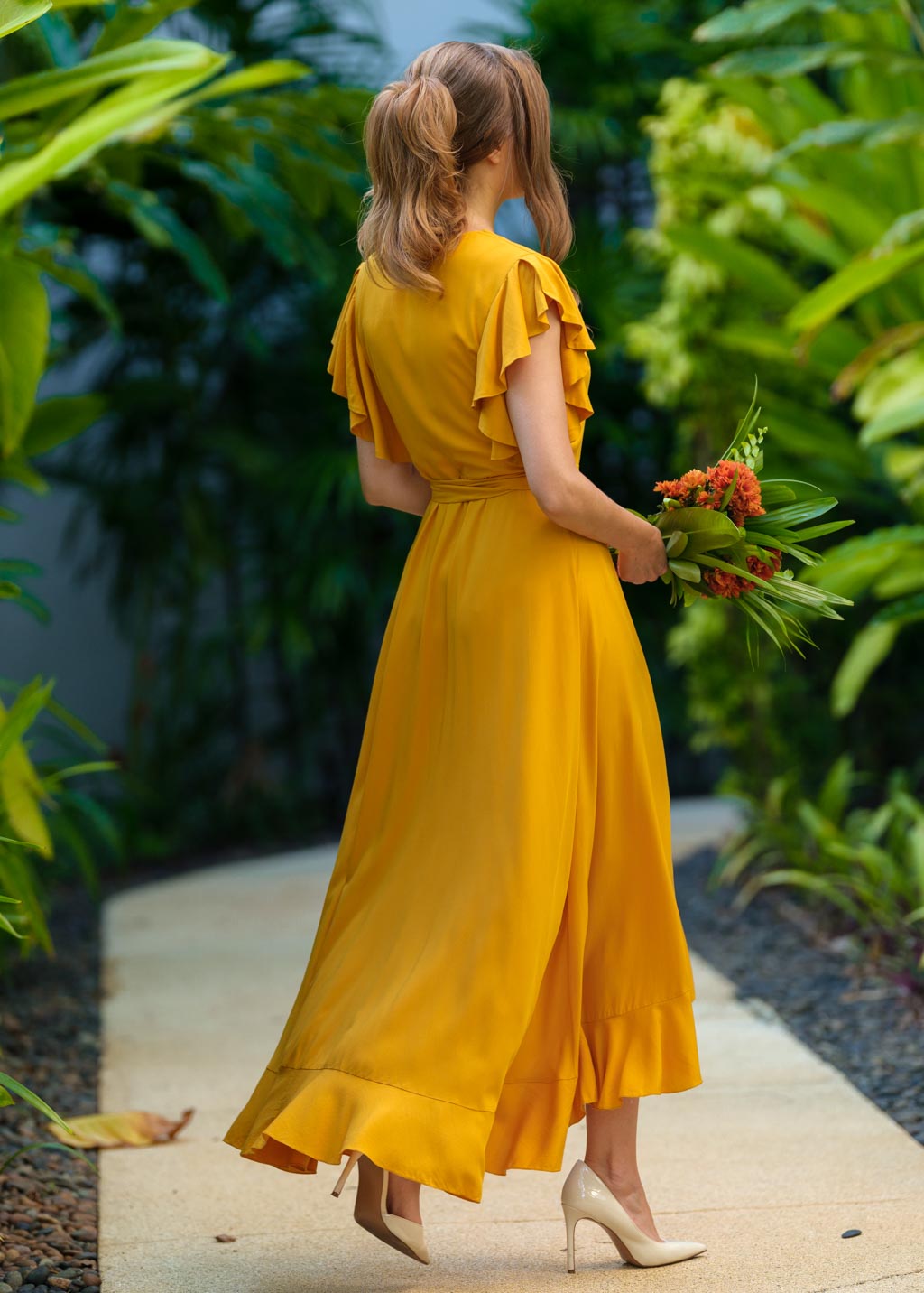 Honey yellow romantic wrap dress