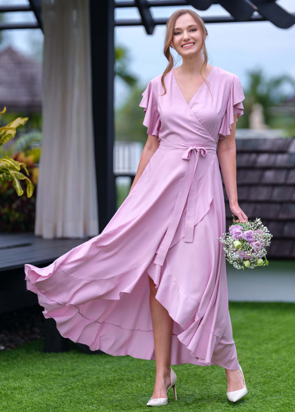 Rose pink romantic wrap dress