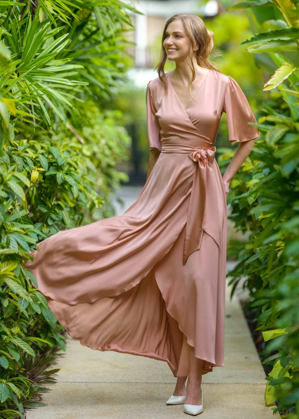 Rose gold silk long wrap dress