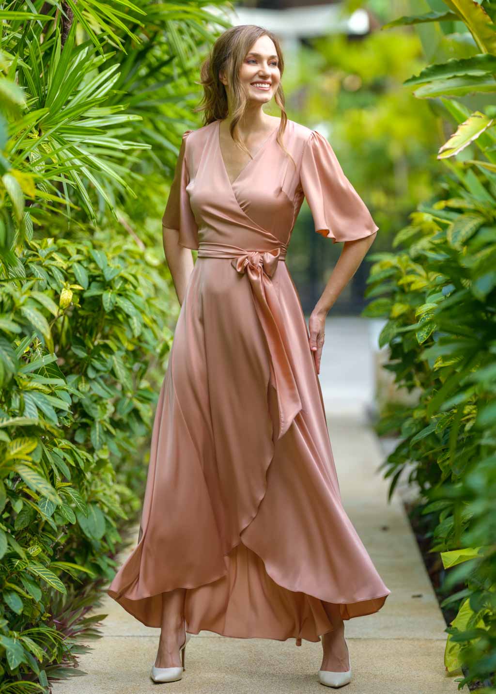 Rose gold silk long wrap dress