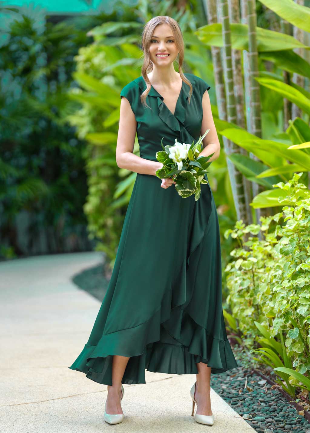 Forest green wrap silk dress