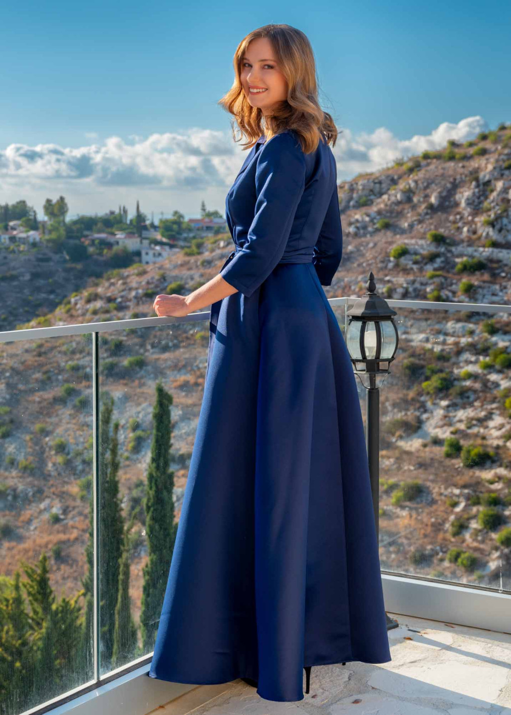 Navy blue wrap satin dress dress