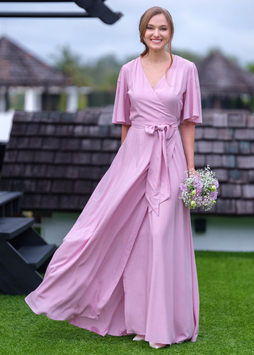 Rose pink romantic wrap dress