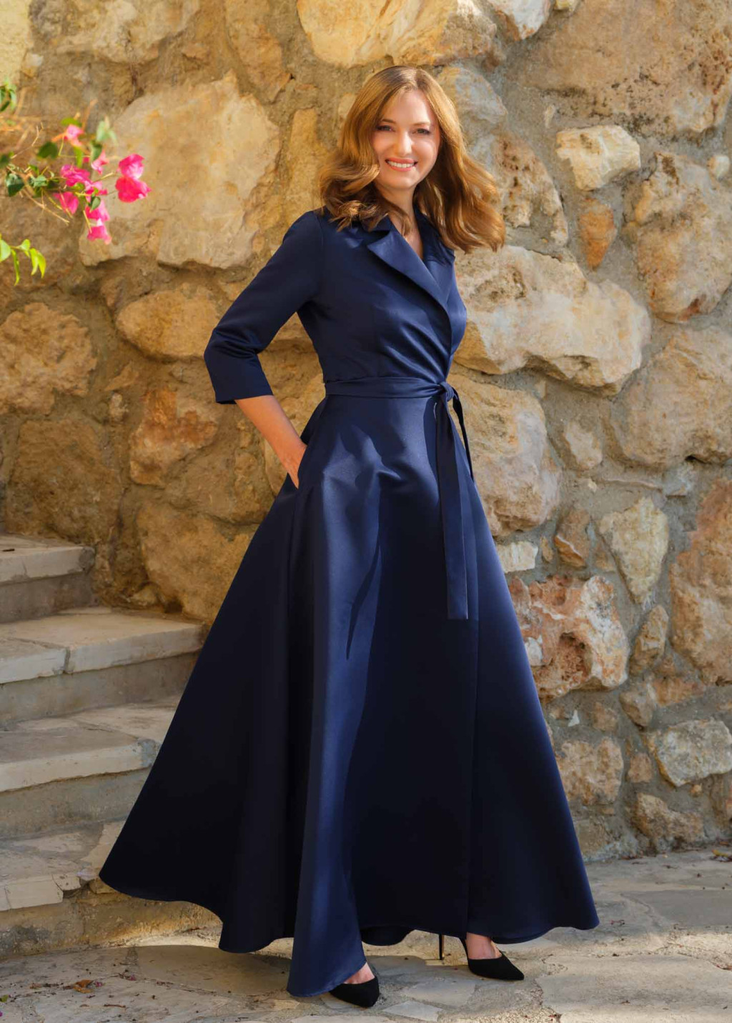 Navy blue wrap satin dress dress