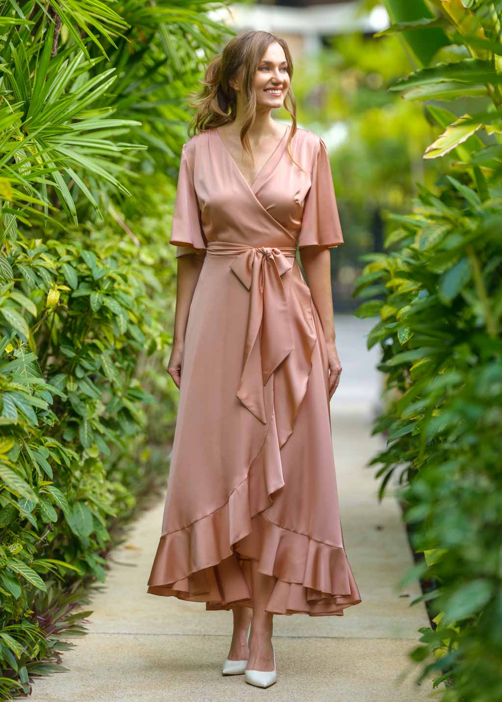Rose gold wrap silk dress