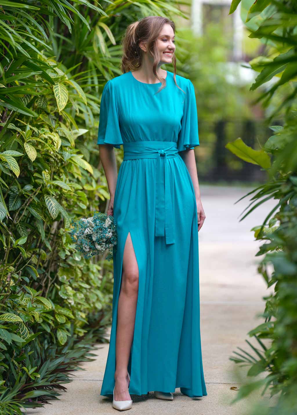 Turquoise long dress with belt