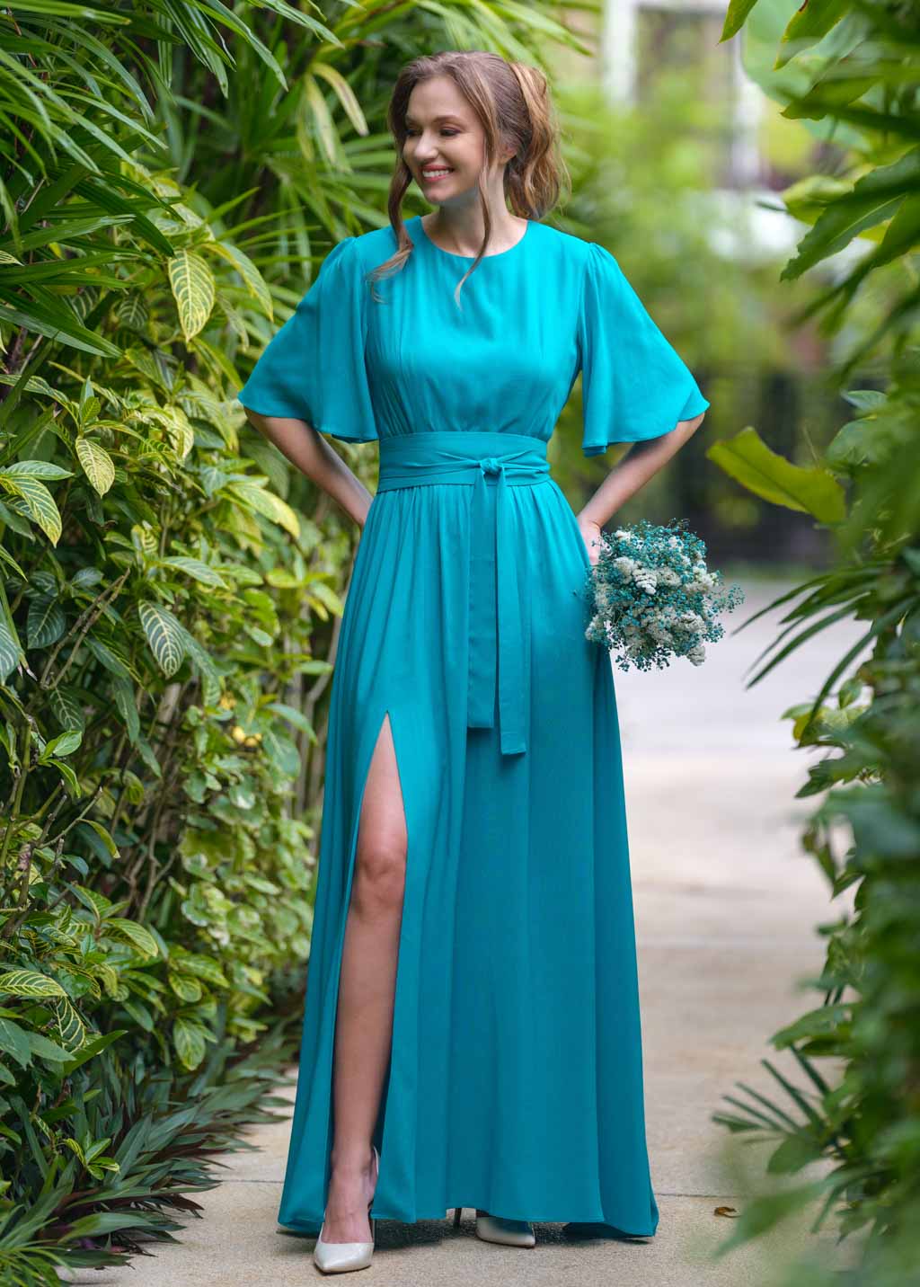 Turquoise long dress with belt