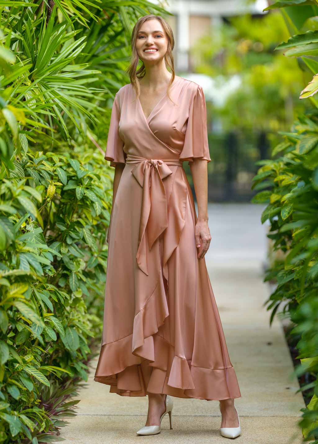 Rose gold wrap silk dress