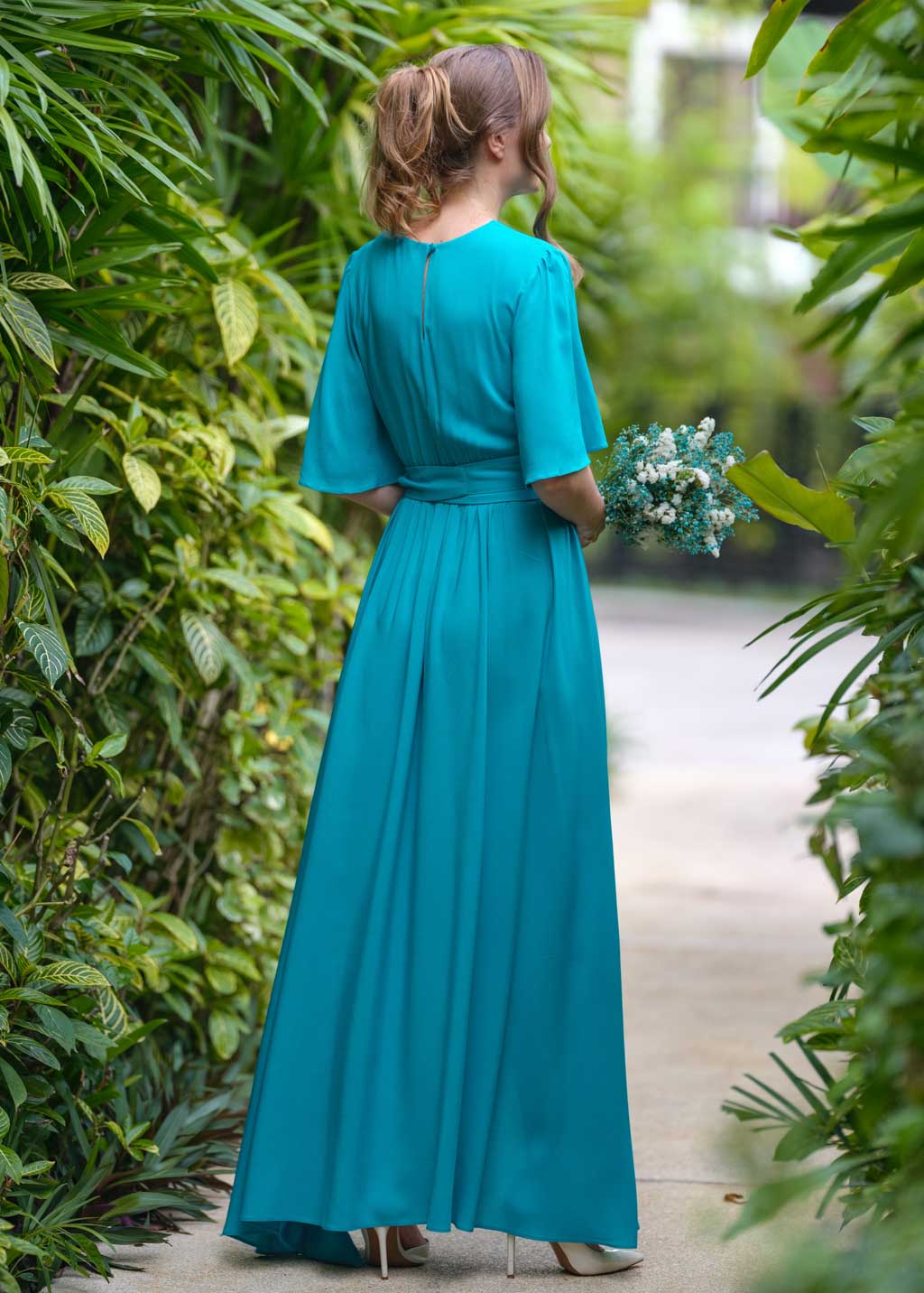 Turquoise slit dress with belt