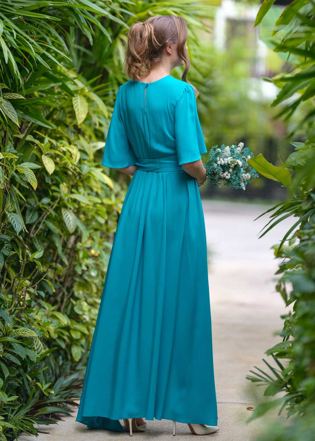 Turquoise long dress with belt