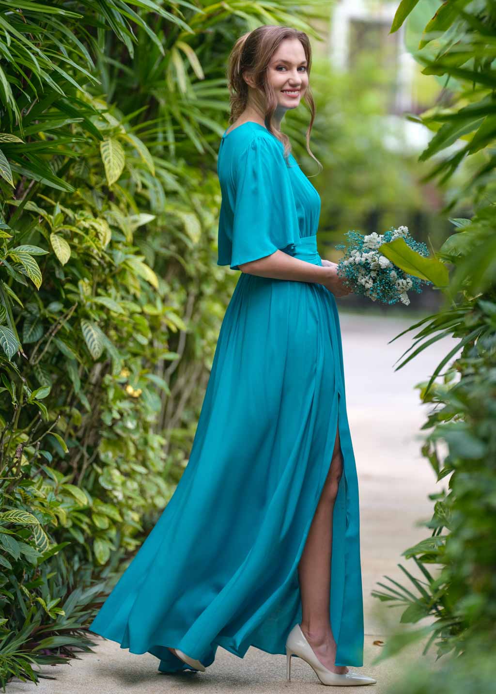 Turquoise long dress with belt