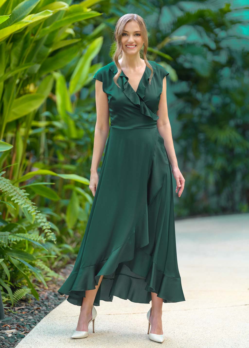 Forest green wrap silk dress