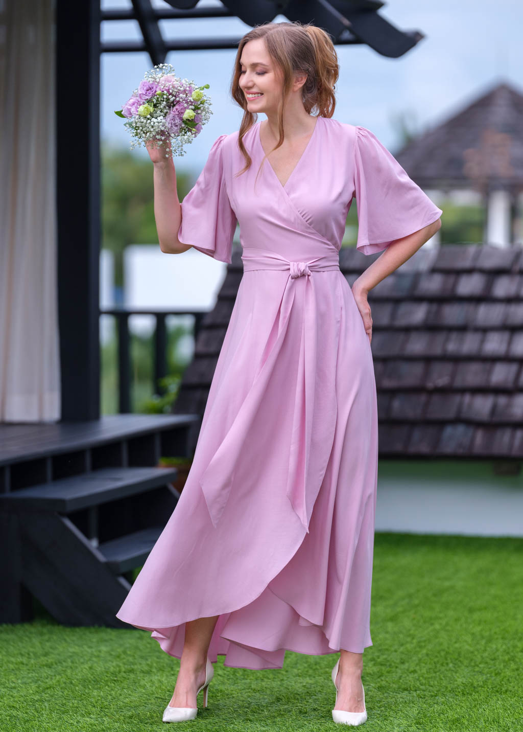 Rose pink romantic wrap dress