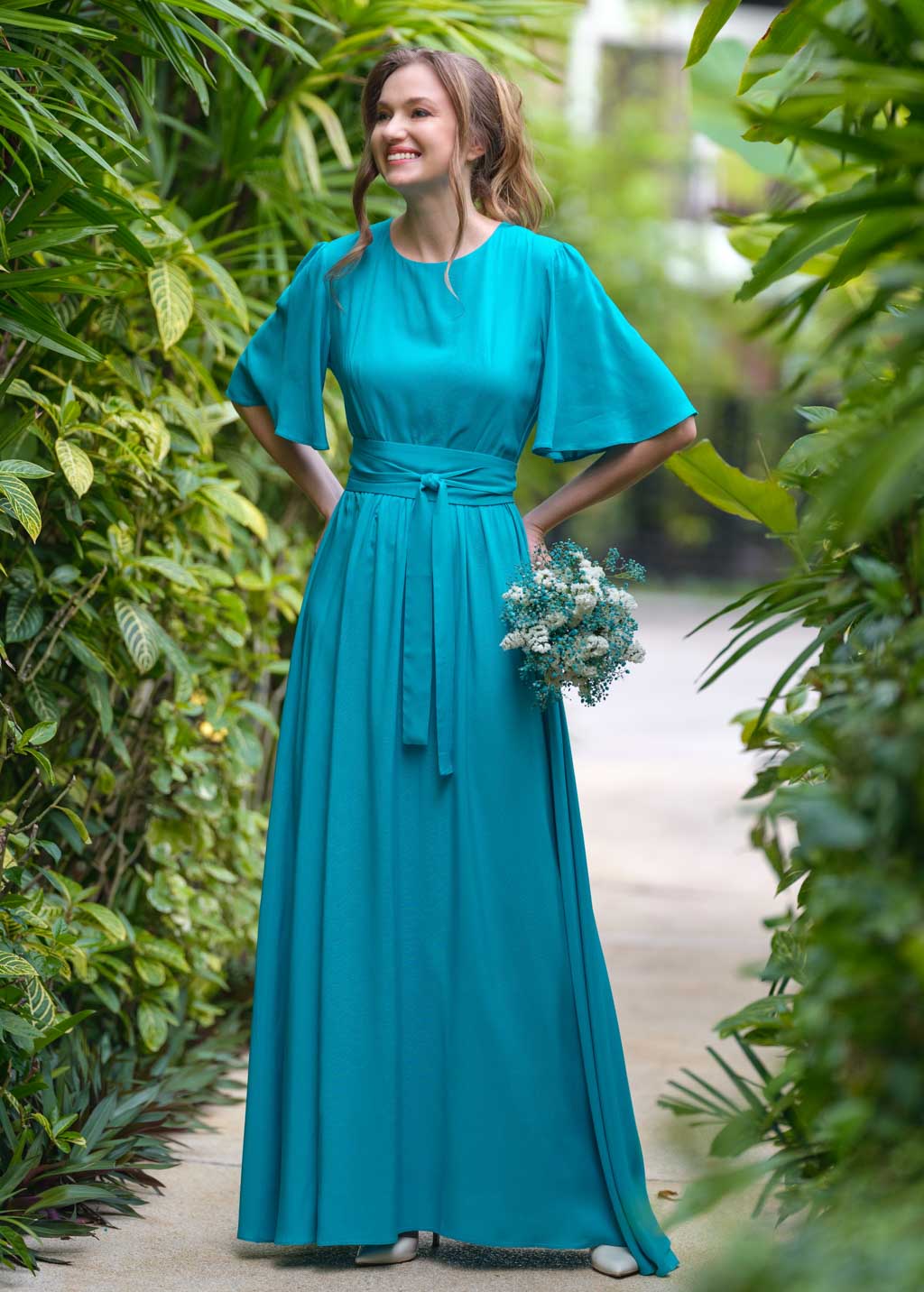 Turquoise long dress with belt