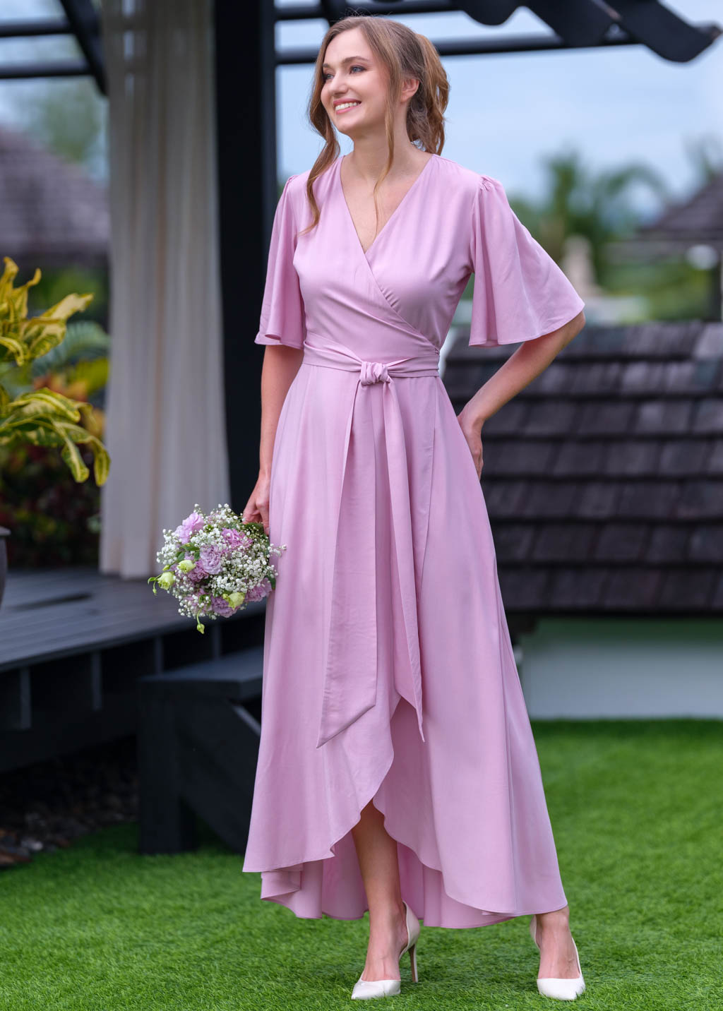 Rose pink romantic wrap dress