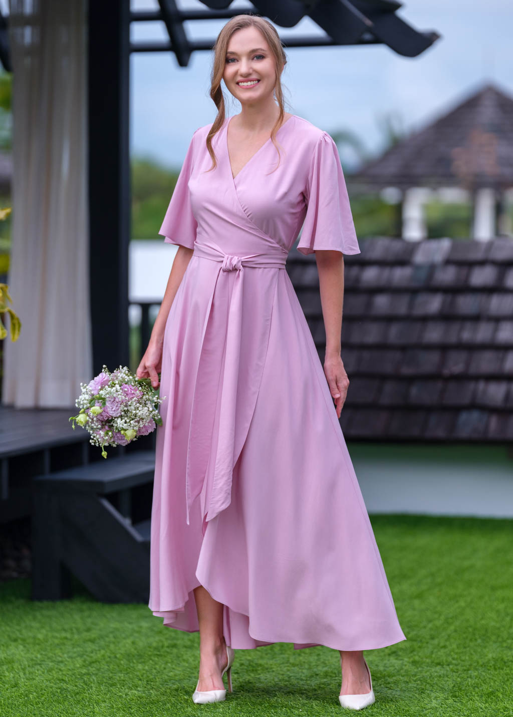 Rose pink romantic wrap dress