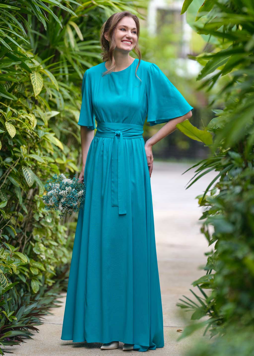 Turquoise long dress with belt