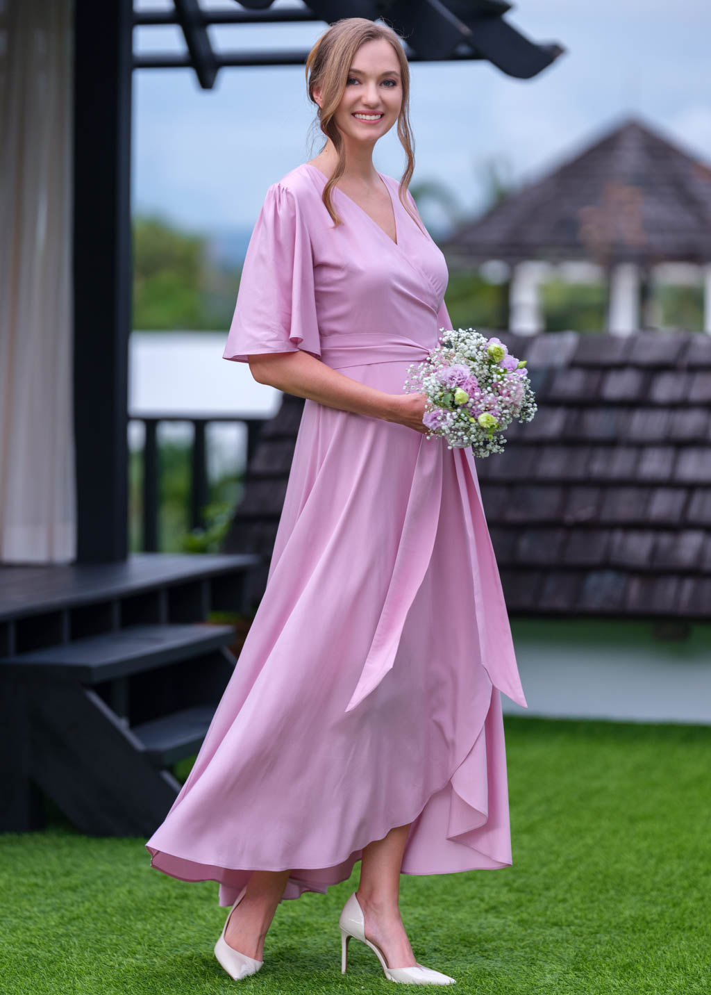 Rose pink romantic wrap dress