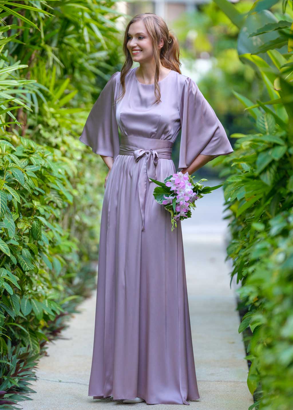 Taupe silk dress with belt