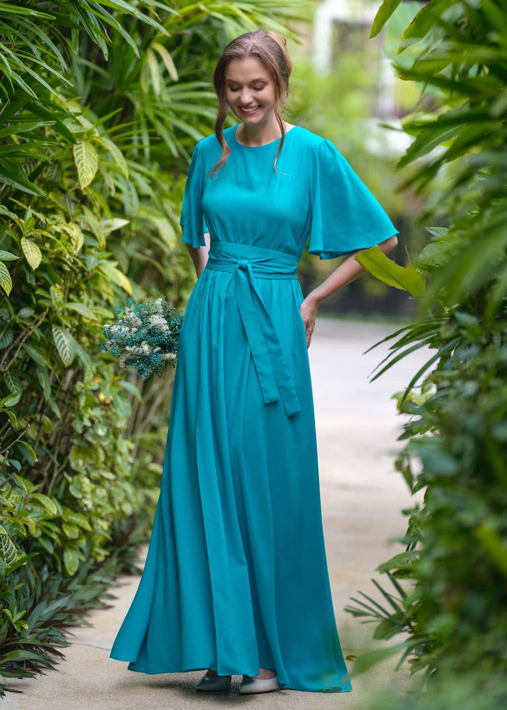 Turquoise long dress with belt