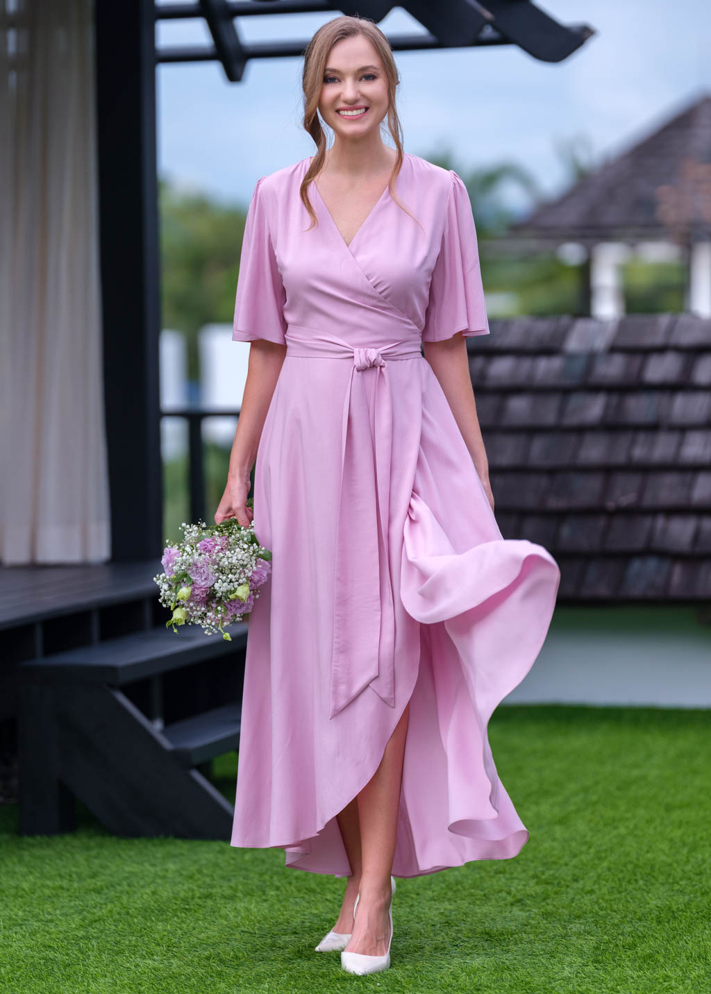 Rose pink romantic wrap dress