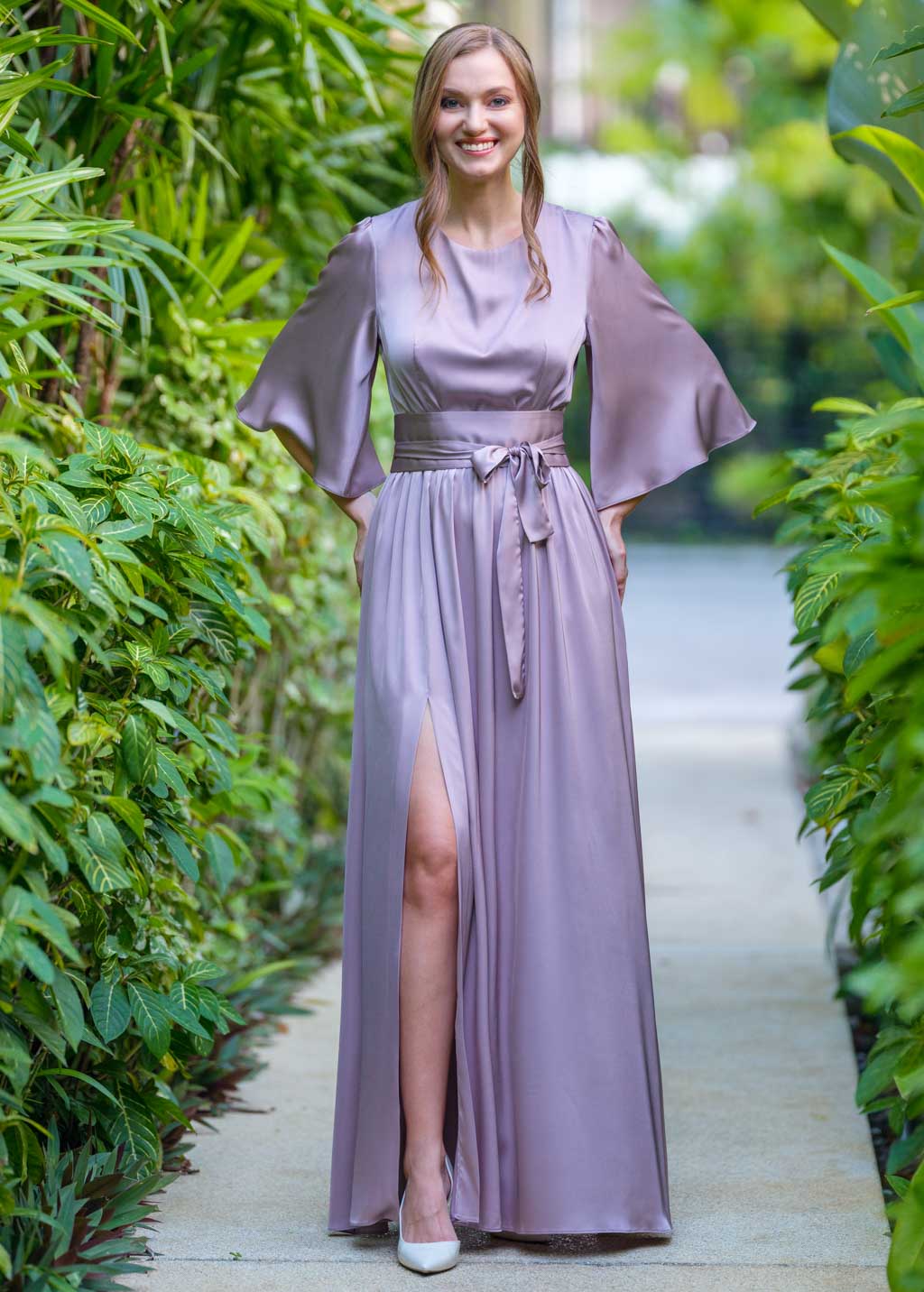 Taupe silk slit dress with belt