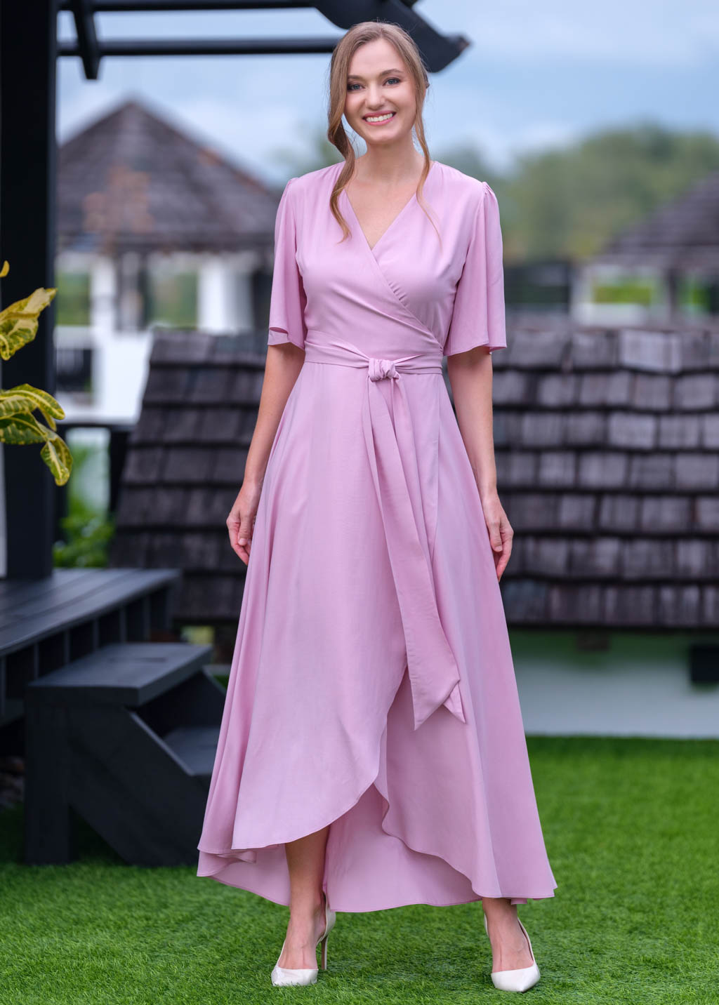 Rose pink romantic wrap dress