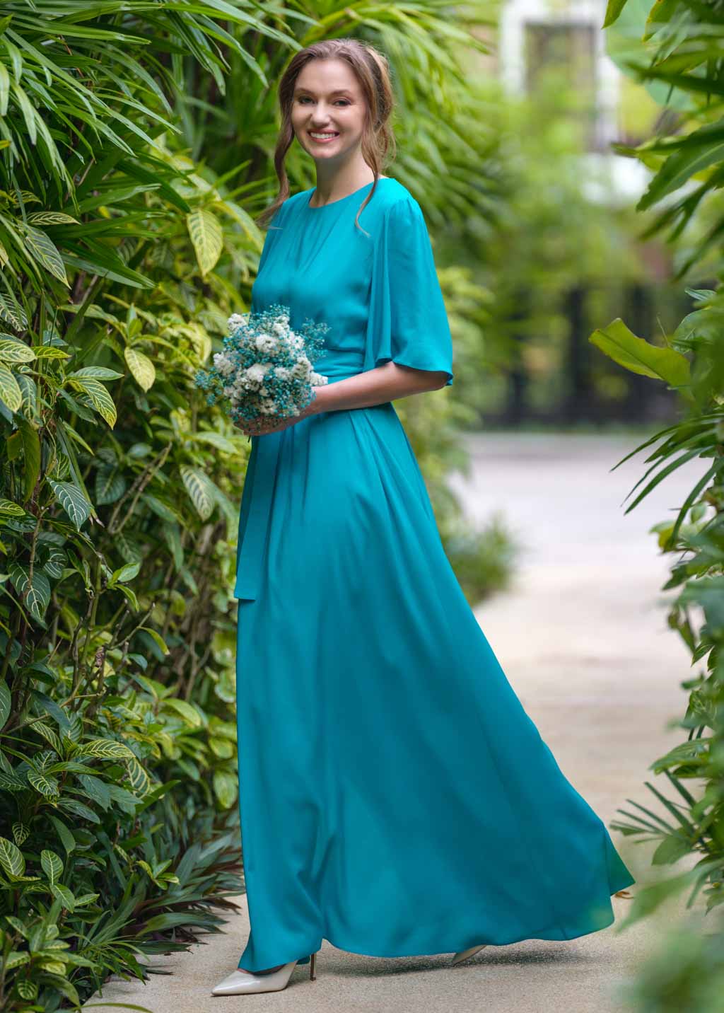 Turquoise long dress with belt