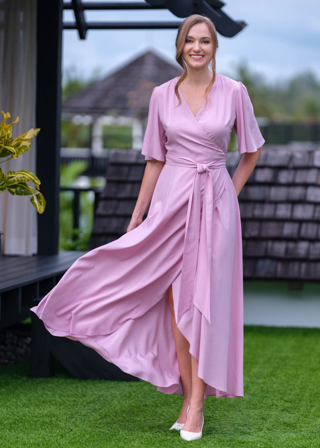 Rose pink romantic wrap dress