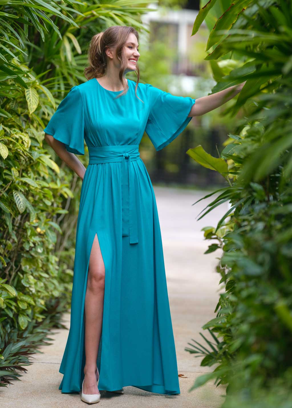 Turquoise long dress with belt