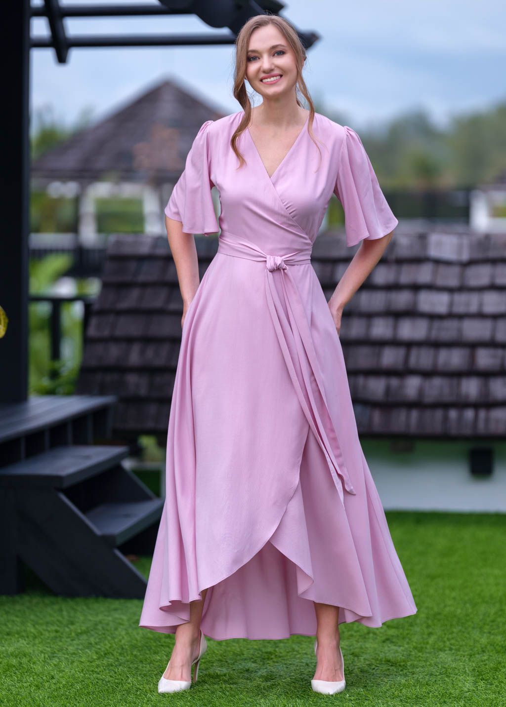 Rose pink romantic wrap dress