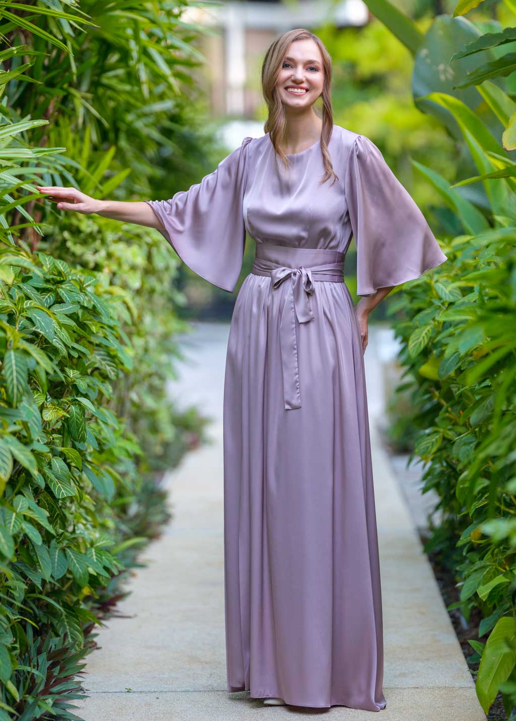Taupe silk dress with belt