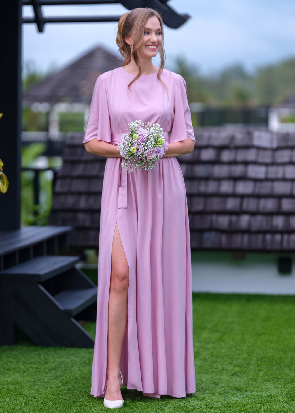 Rose pink long dress with belt