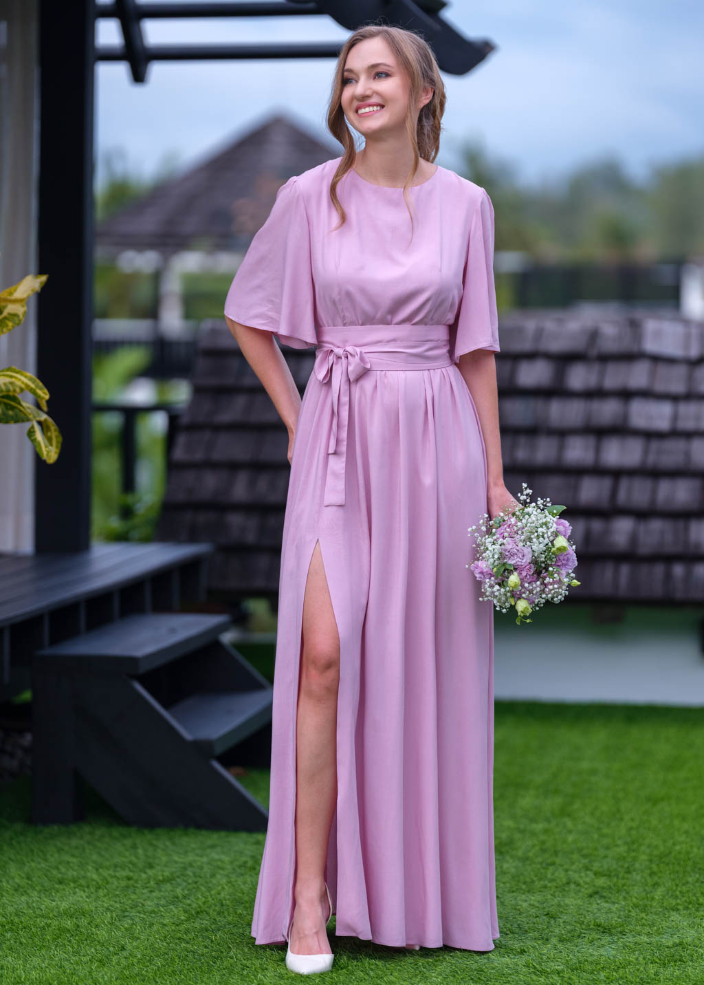 Rose pink long dress with belt