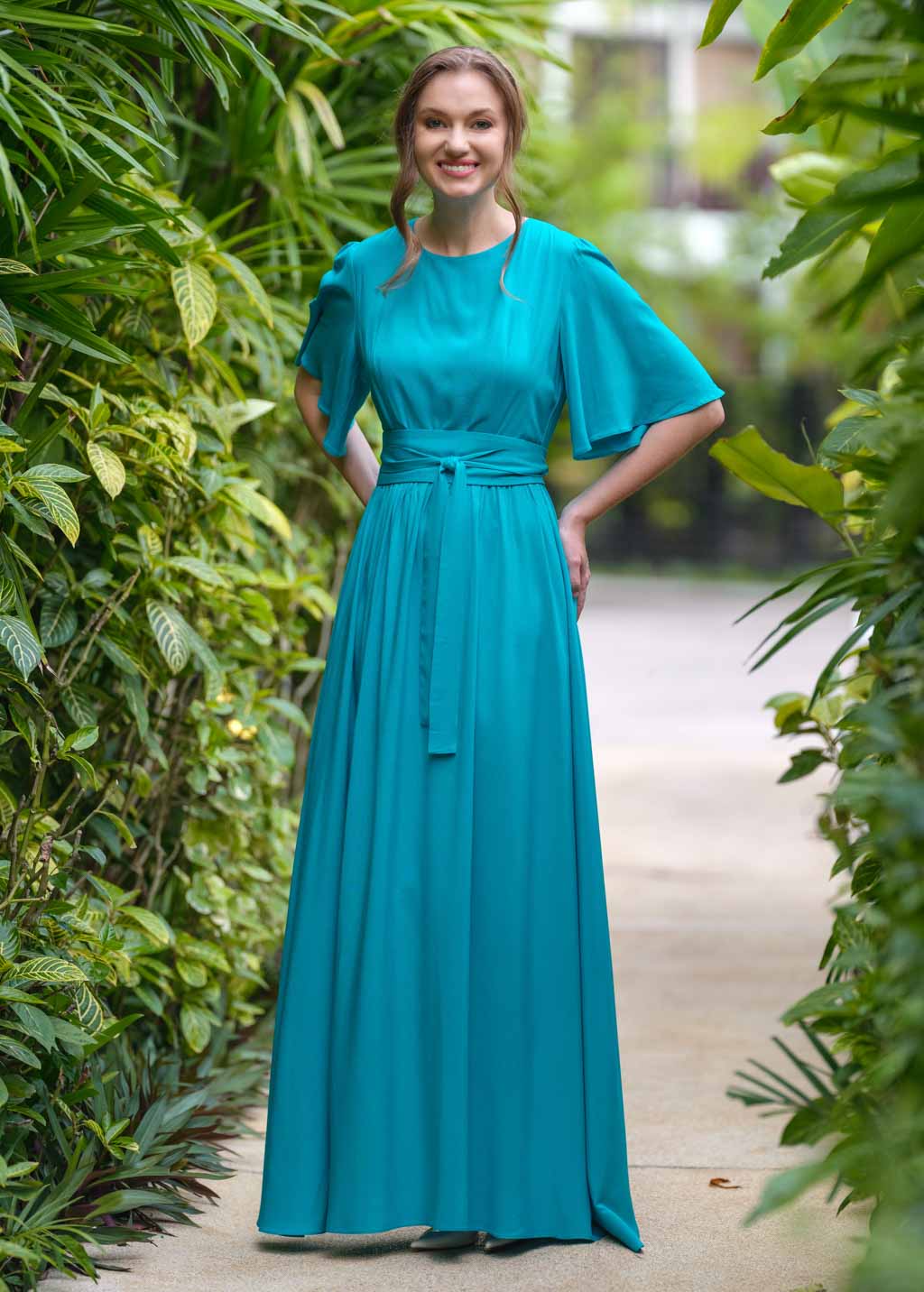 Turquoise long dress with belt