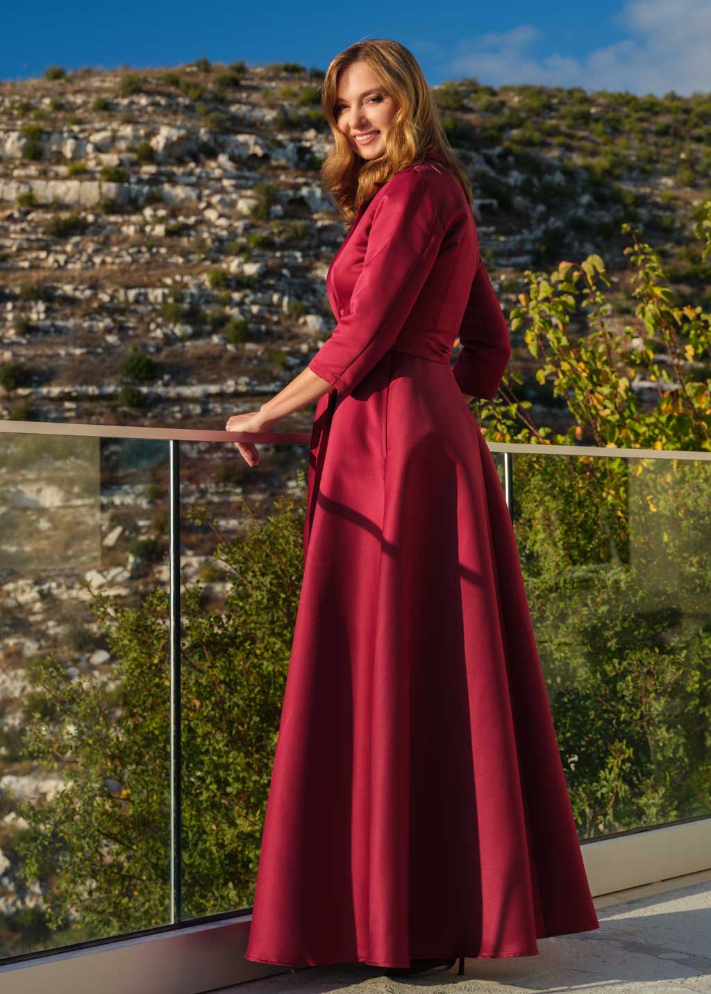 Burgundy wrap satin dress dress