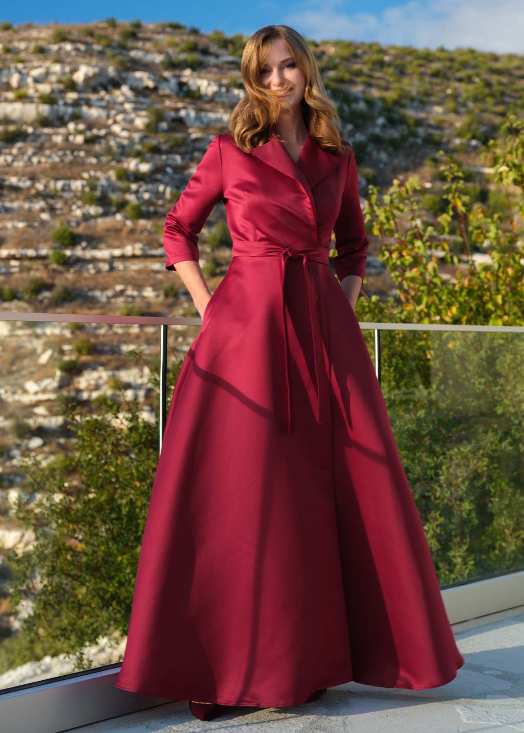 Burgundy wrap satin dress dress