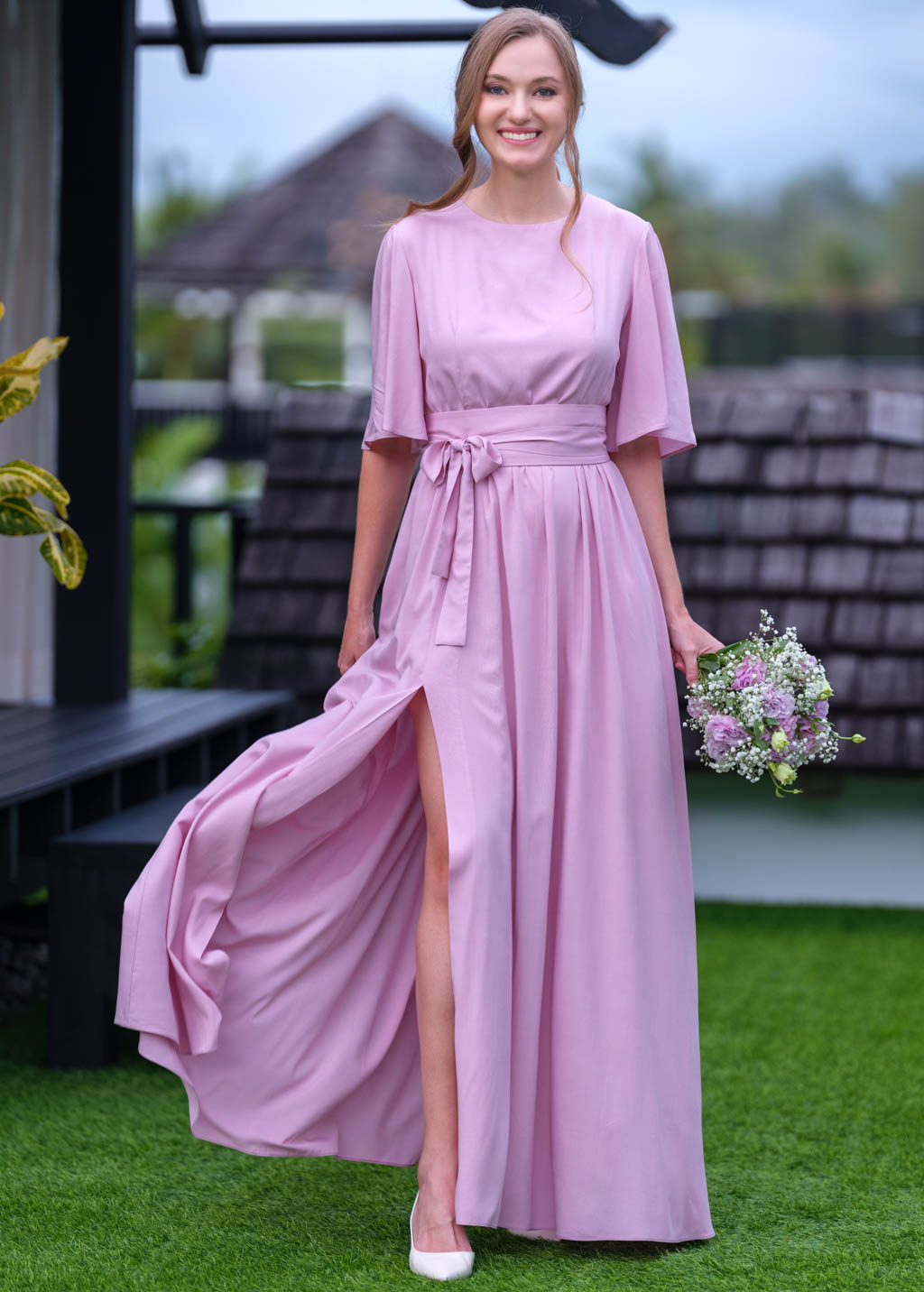 Rose pink long dress with belt