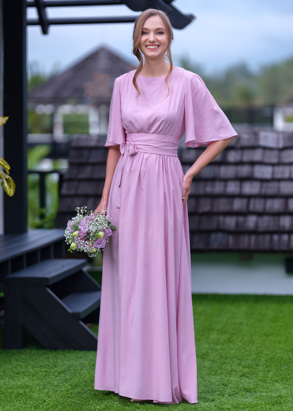 Rose pink long dress with belt