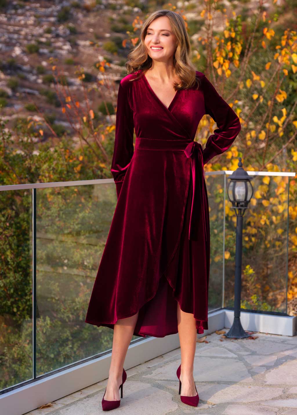 Burgundy velvet wrap dress