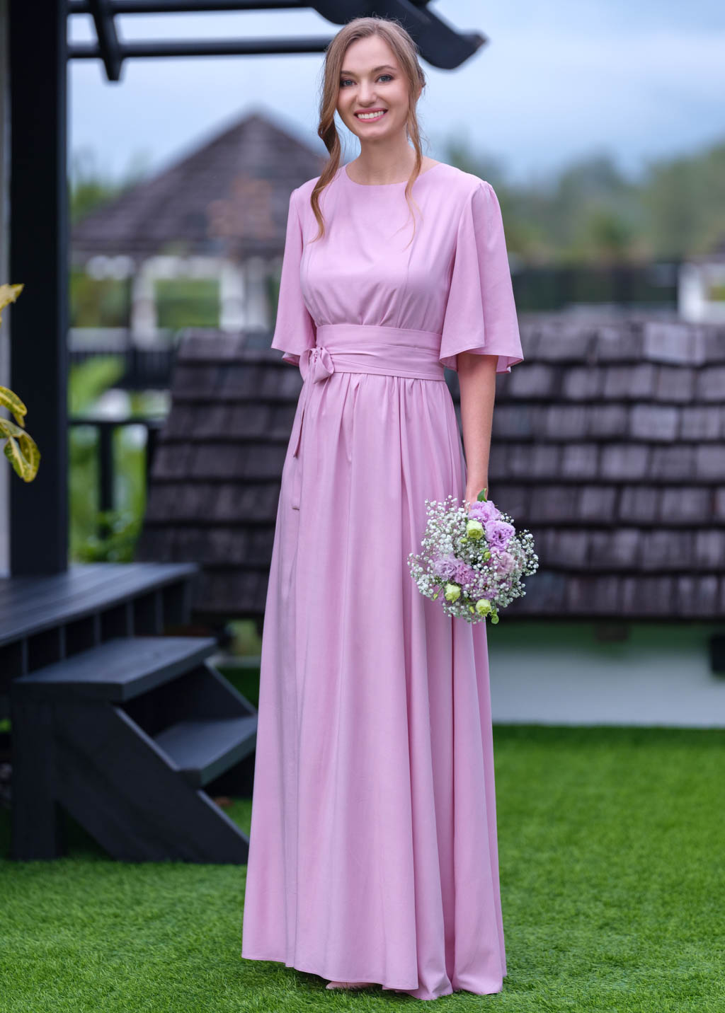 Rose pink long dress with belt