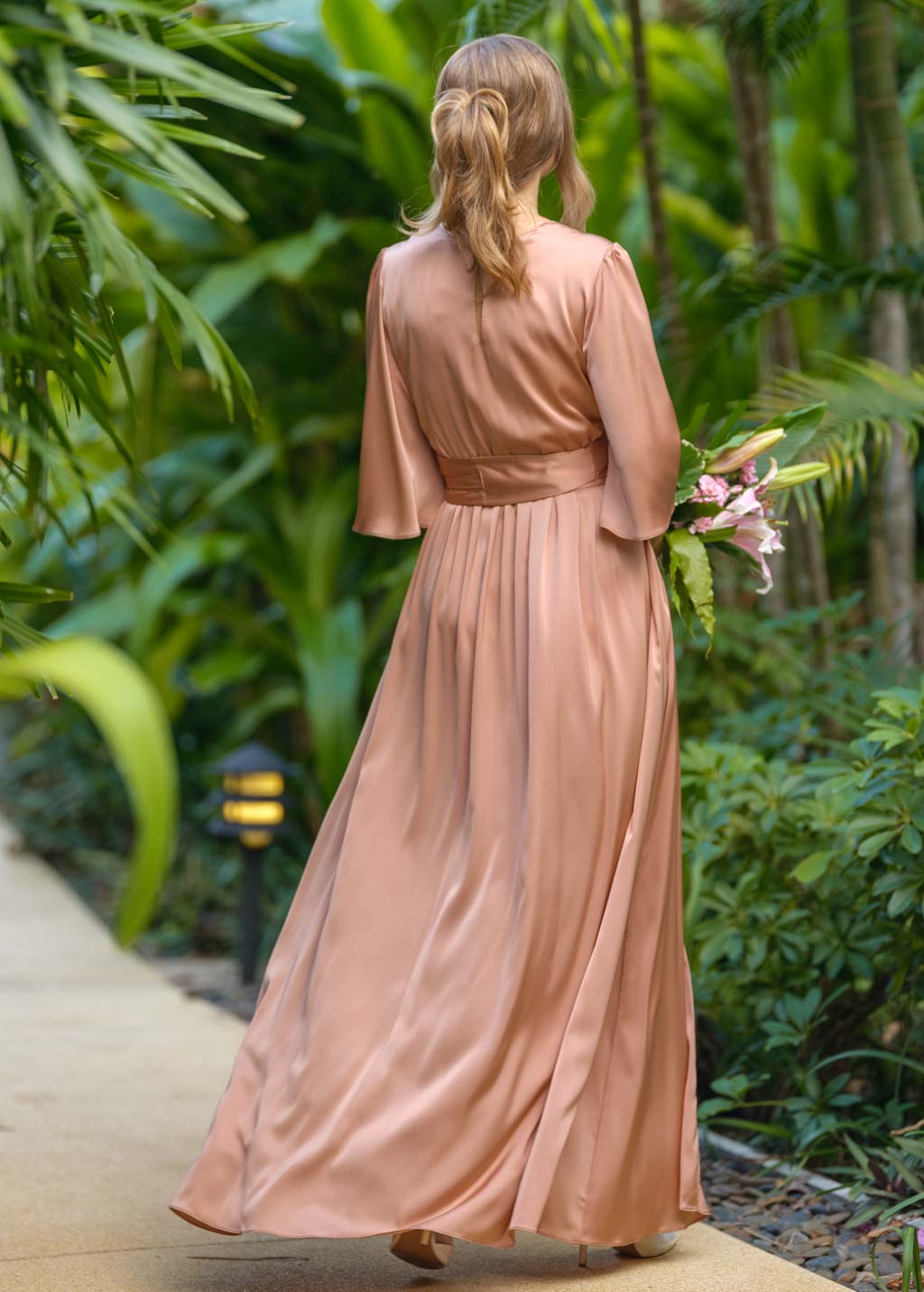 Rose gold silk dress with belt