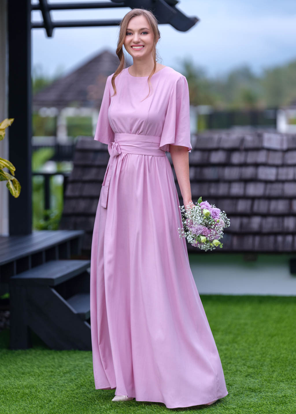 Rose pink long dress with belt