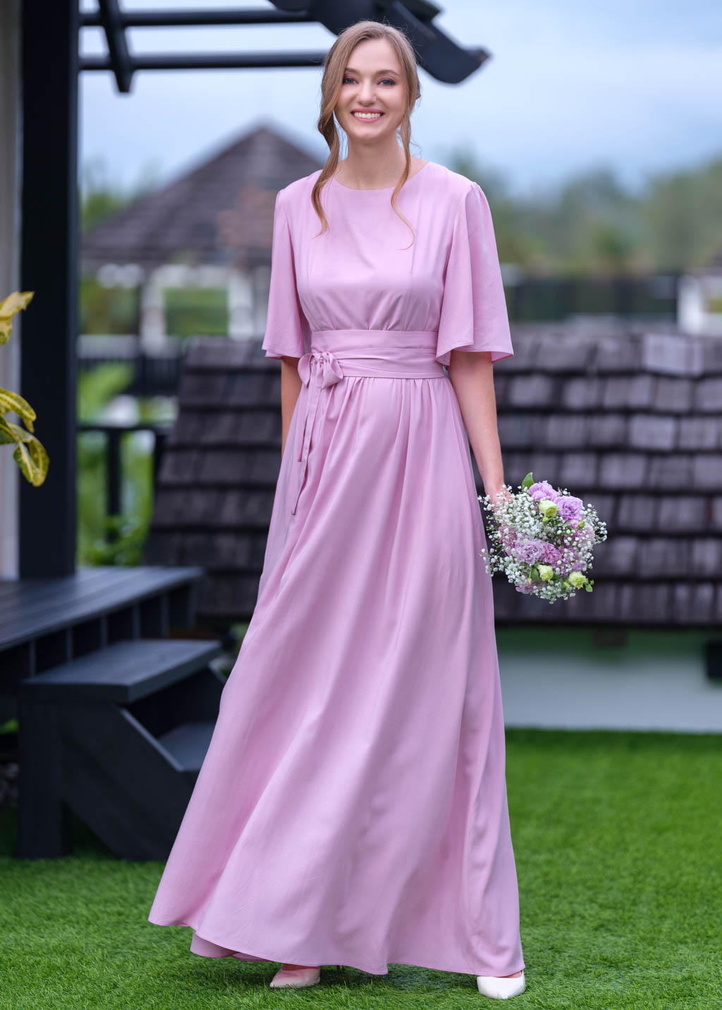 Rose pink long dress with belt