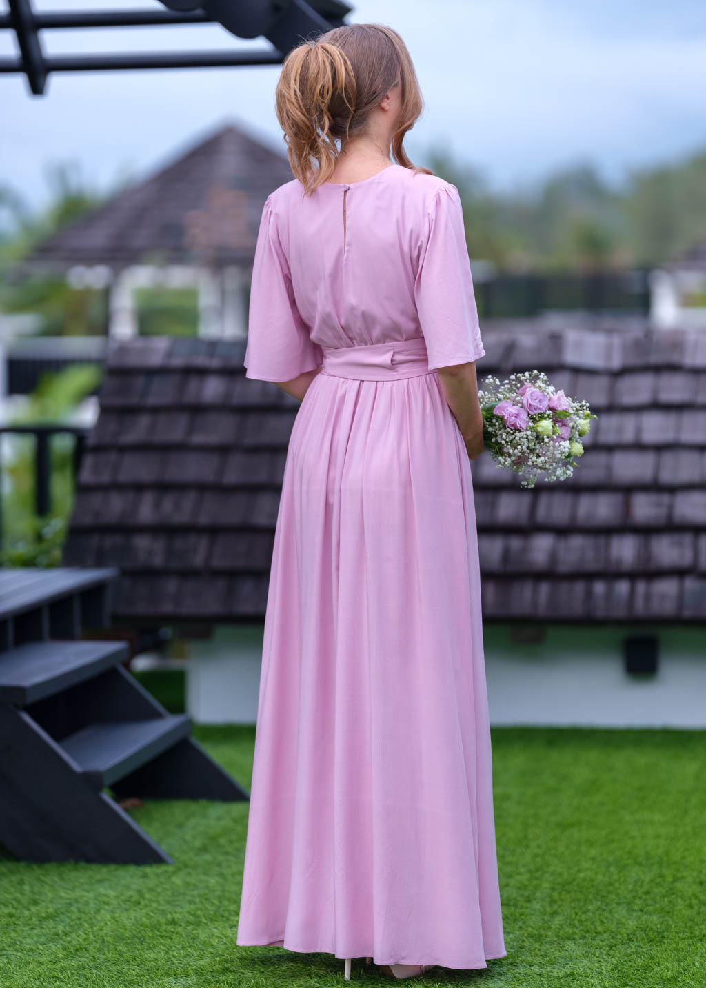 Rose pink long dress with belt